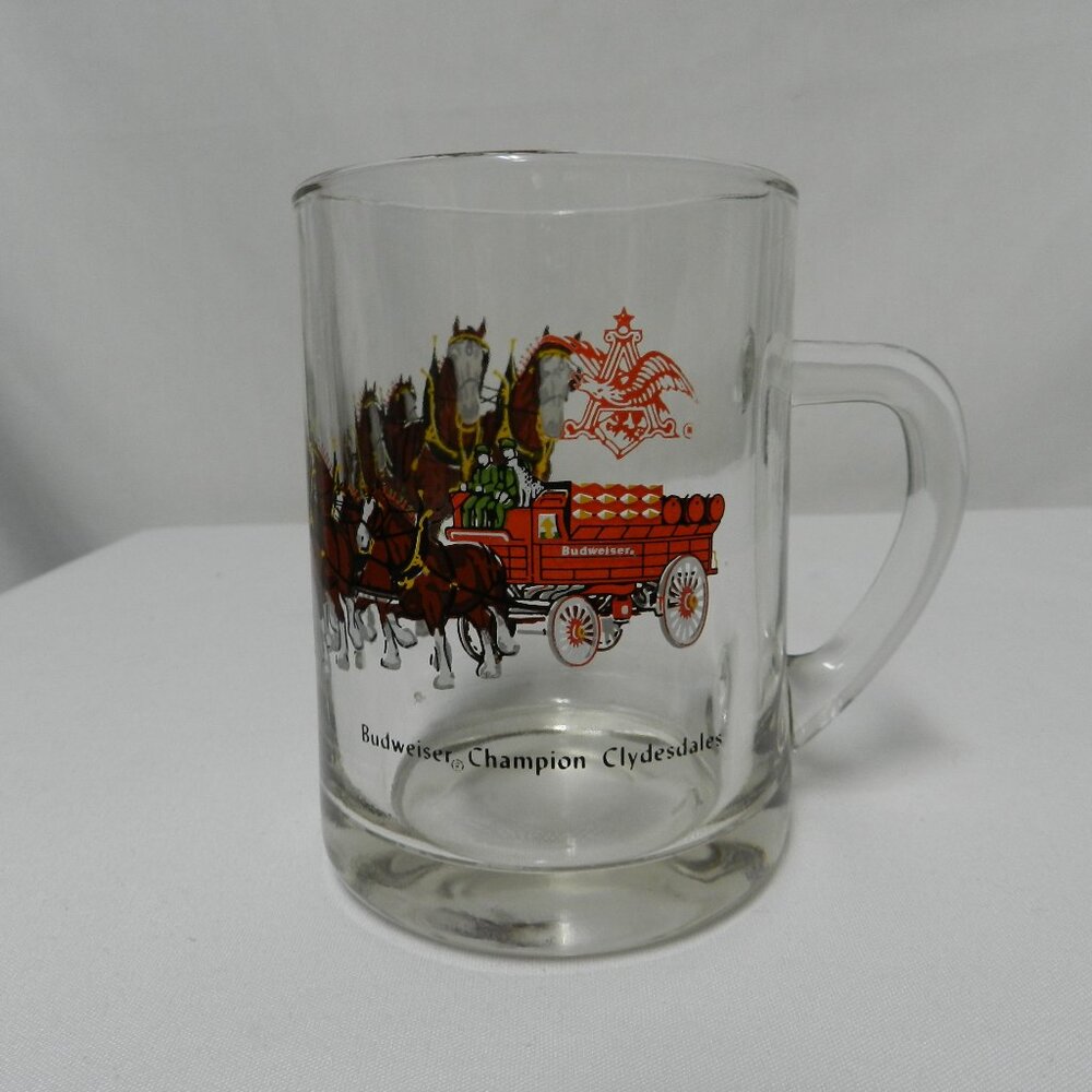 Budweiser Vintage Champion Clydesdales clear Glass Stein Beer Mug Cup wagon